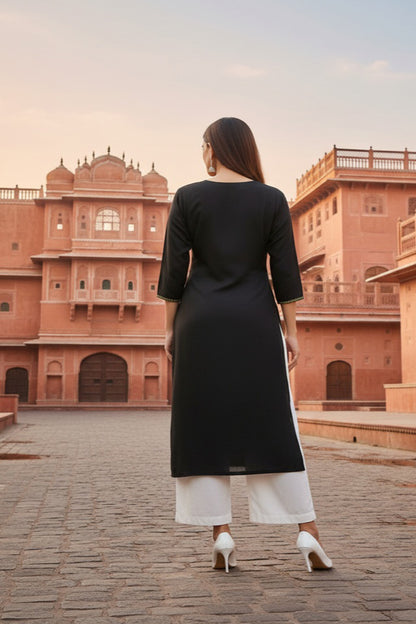 SRS Fashion Black Embroidered Rayon Straight Kurta Set - Dista