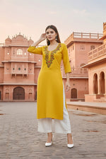 Thumbnail for SRS Fashion Yellow Embroidered Rayon Straight Kurta Set - Dista