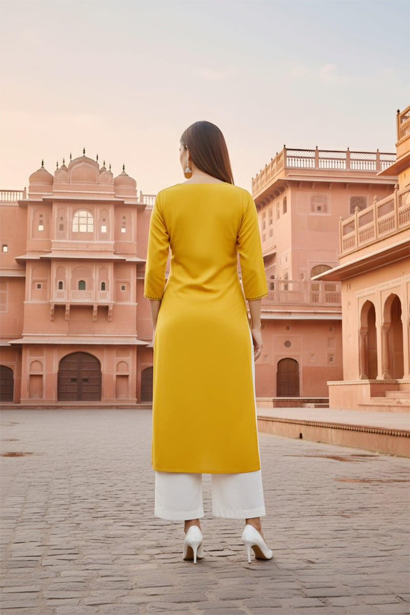 SRS Fashion Yellow Embroidered Rayon Straight Kurta Set - Dista