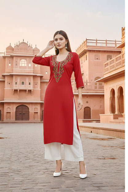 SRS Fashion Red Embroidered Rayon Straight Kurta Set - Dista