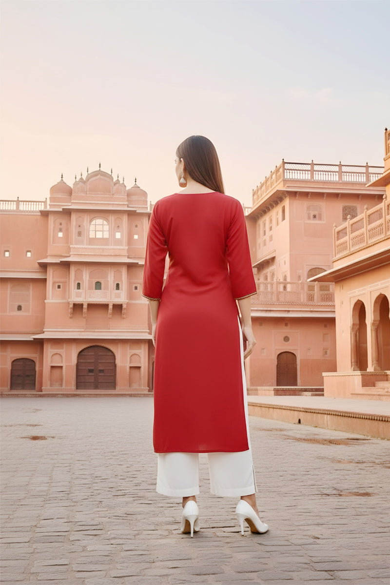 SRS Fashion Red Embroidered Rayon Straight Kurta Set - Dista