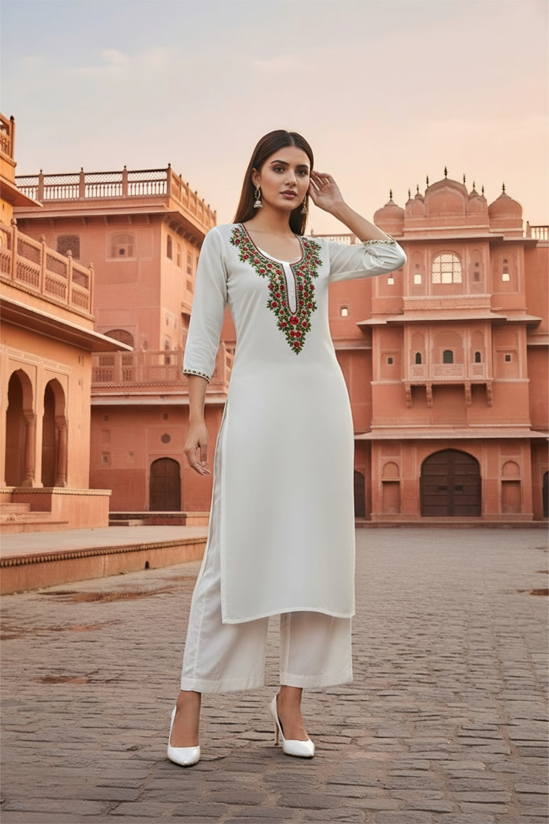 SRS Fashion White Embroidered Rayon Straight Kurta Set - Dista