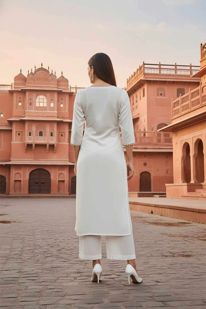 SRS Fashion White Embroidered Rayon Straight Kurta Set - Dista