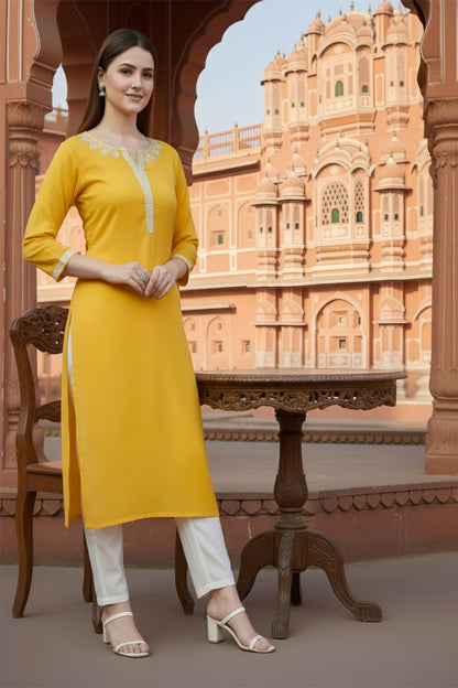 SRS Fashion Yellow Embroidered Rayon Straight Kurta Set - Dista