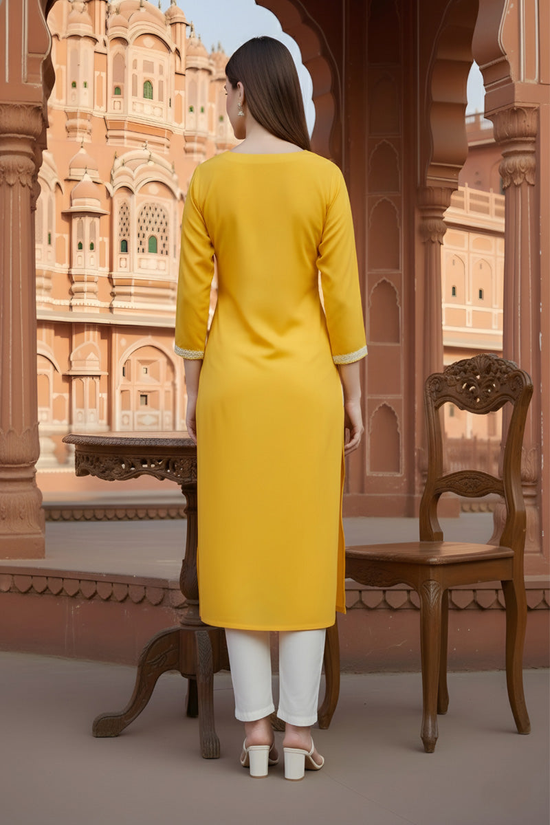 SRS Fashion Yellow Embroidered Rayon Straight Kurta Set - Dista