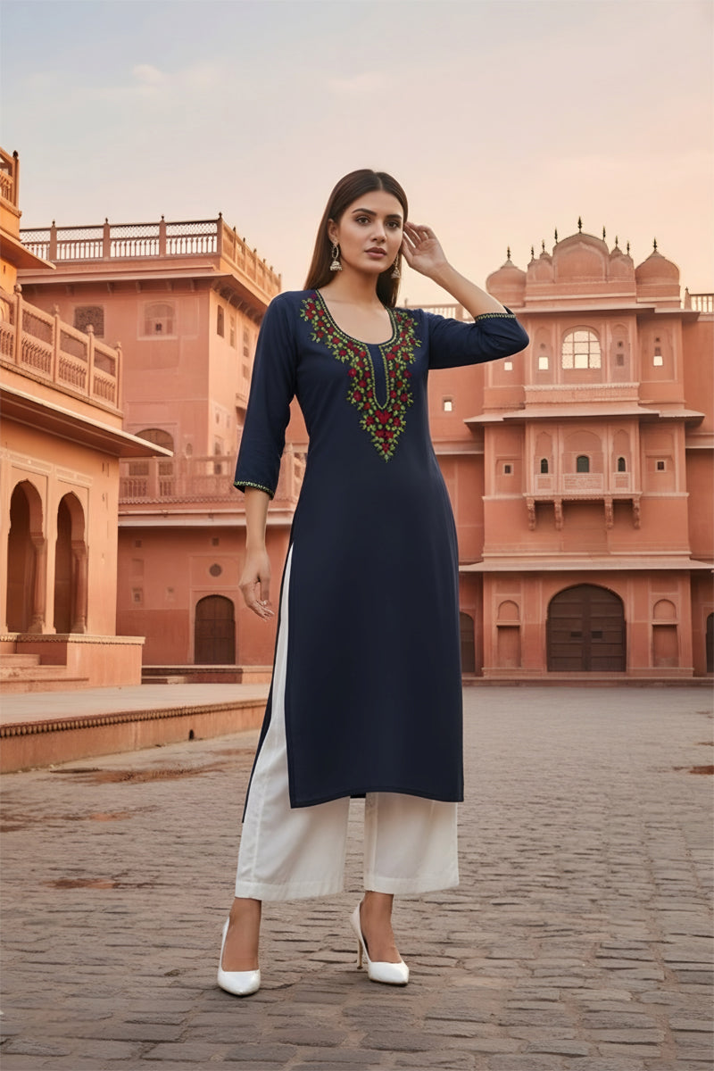 SRS Fashion Blue Embroidered Rayon Straight Kurta Set - Dista