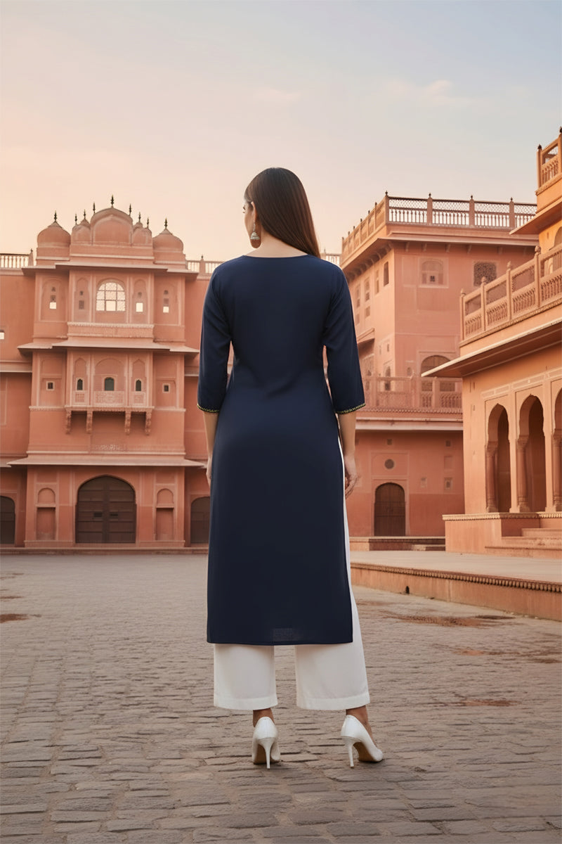 SRS Fashion Blue Embroidered Rayon Straight Kurta Set - Dista