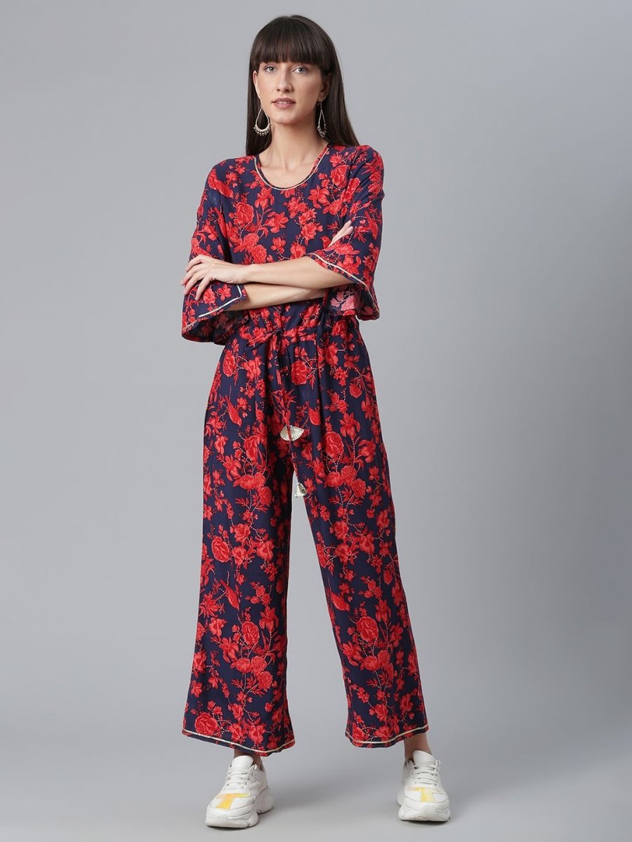 Ahalyaa Womens Navy & Red Rayon Printed Jumpsuit