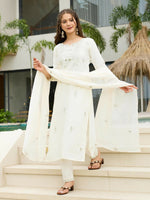 Thumbnail for The52 White Women's Beautiful Rayon Slub Fabric Embroidered Work Straight Kurta, Pant and Dupatta Set - Distacart