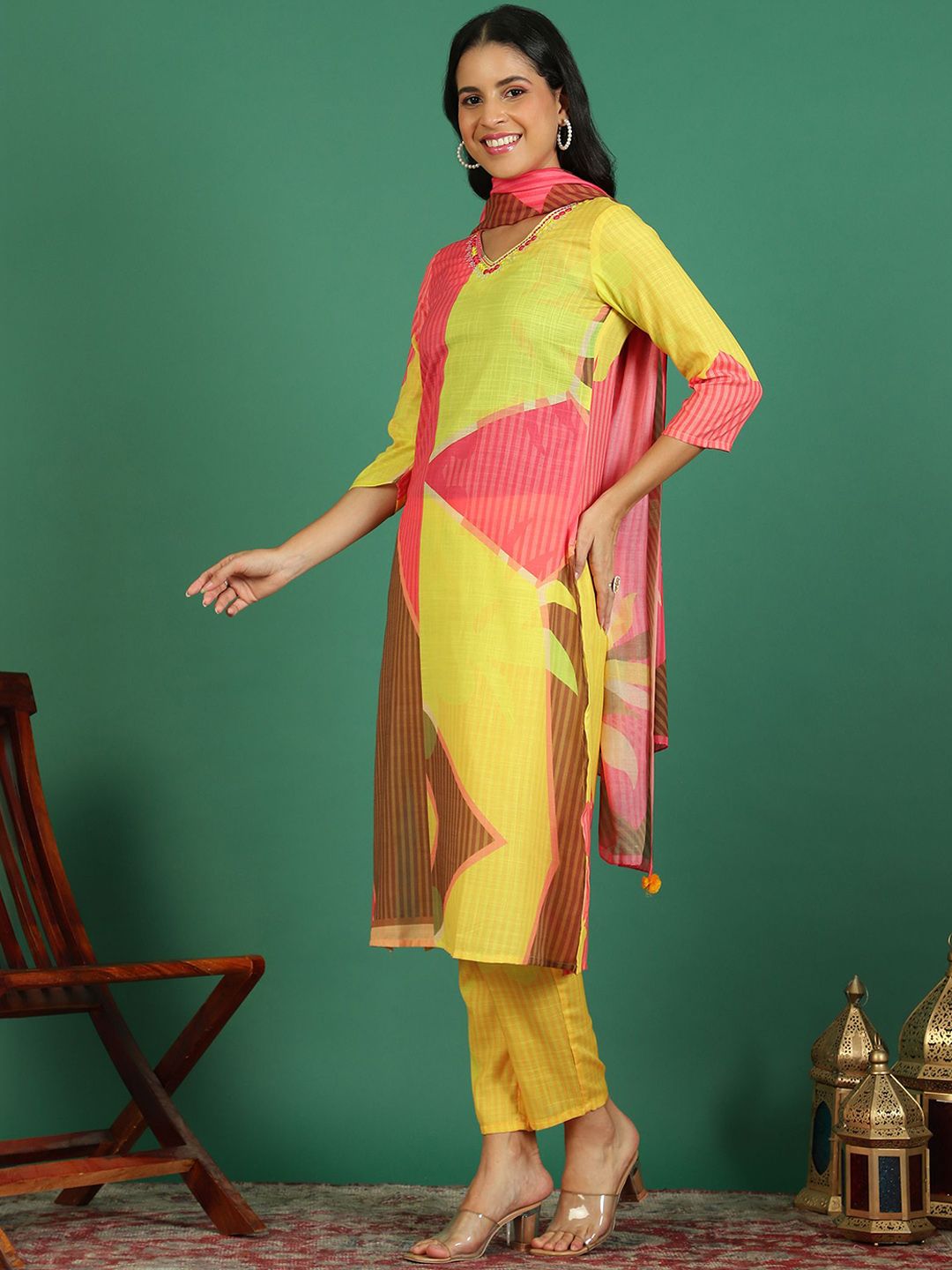 Sangria Printed V- Neck Kurta & Trousers With Dupatta - Distacart