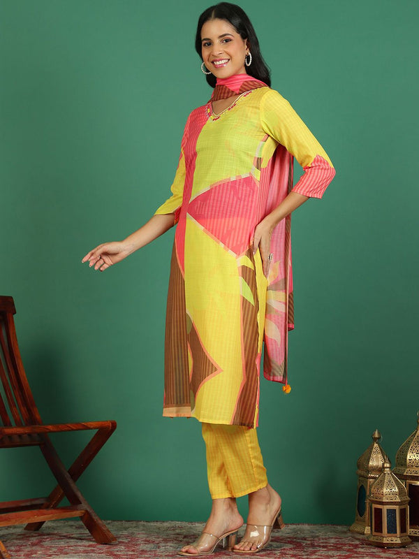 Sangria Printed V- Neck Kurta & Trousers With Dupatta