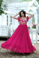 Thumbnail for Jyoti Fashion Women's Rani Pink Sequins Thread Embroidery Faux Blooming Anarkali Dress - Distacart
