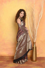 Thumbnail for Very Much Indian Modal Silk Ajrakh Handblock Printed Natural Dyes With Designer Border Saree - Brown - Distacart