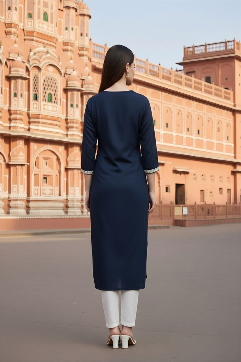 SRS Fashion Blue Embroidered Rayon Straight Kurta Set - Dista