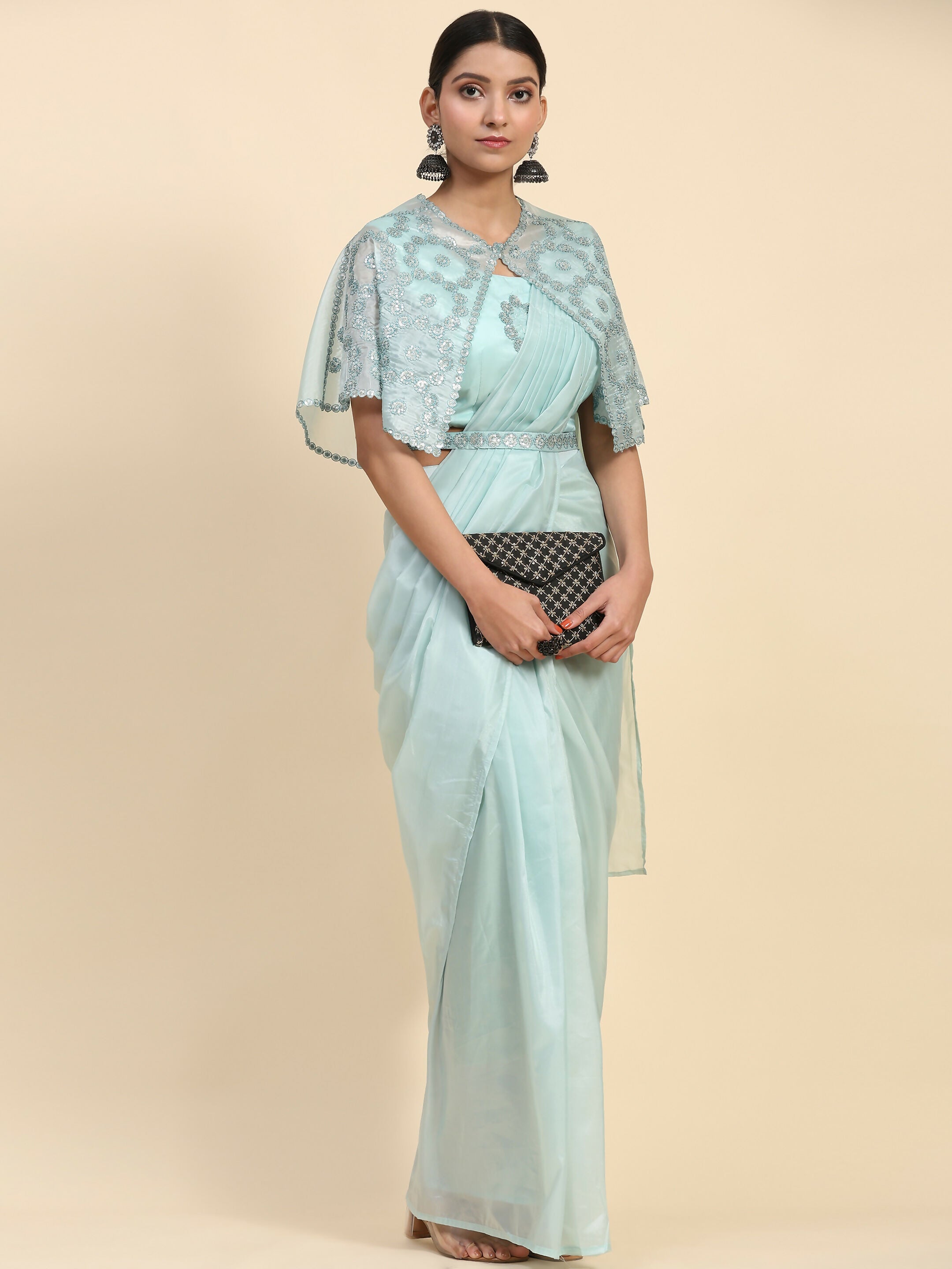 Blue Satin Solid Ready to wear Saree with stitched Blouse - Vanita - Distacart