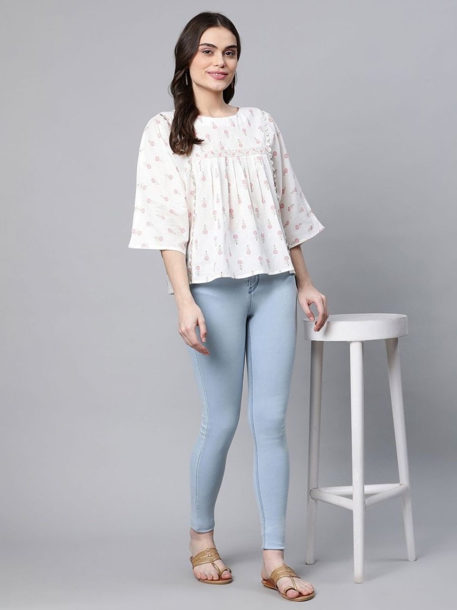 Ahalyaa Off White Pure Cotton Floral Printed Tunic - Distacart
