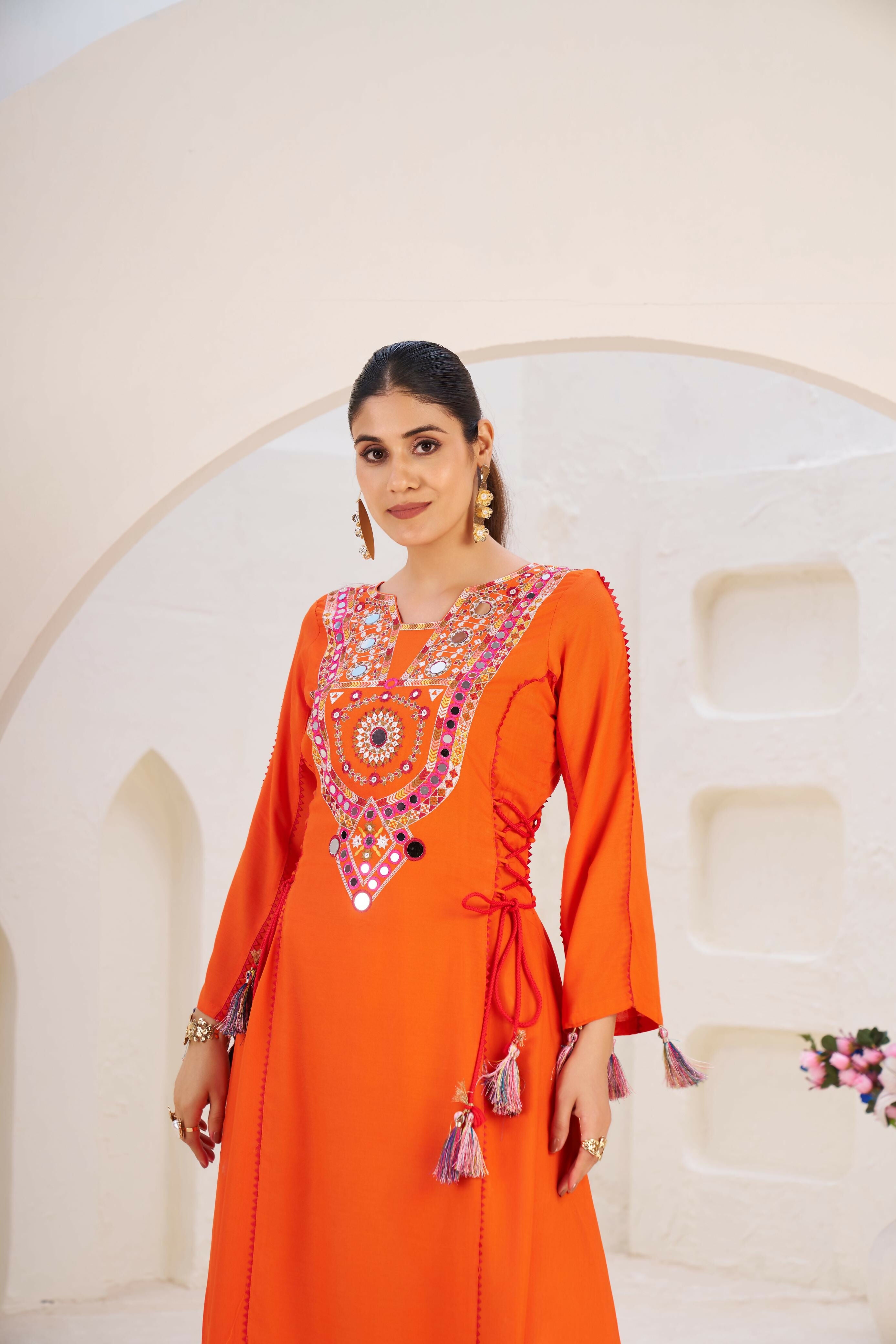 Joban Fashion orange Palazzo Rayon Coding Dori with Sequence with Rivet Moti