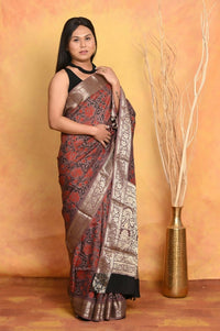 Thumbnail for Very Much Indian Modal Silk Ajrakh Handblock Printed Natural Dyes With Designer Border Saree - Maroon - Distacart