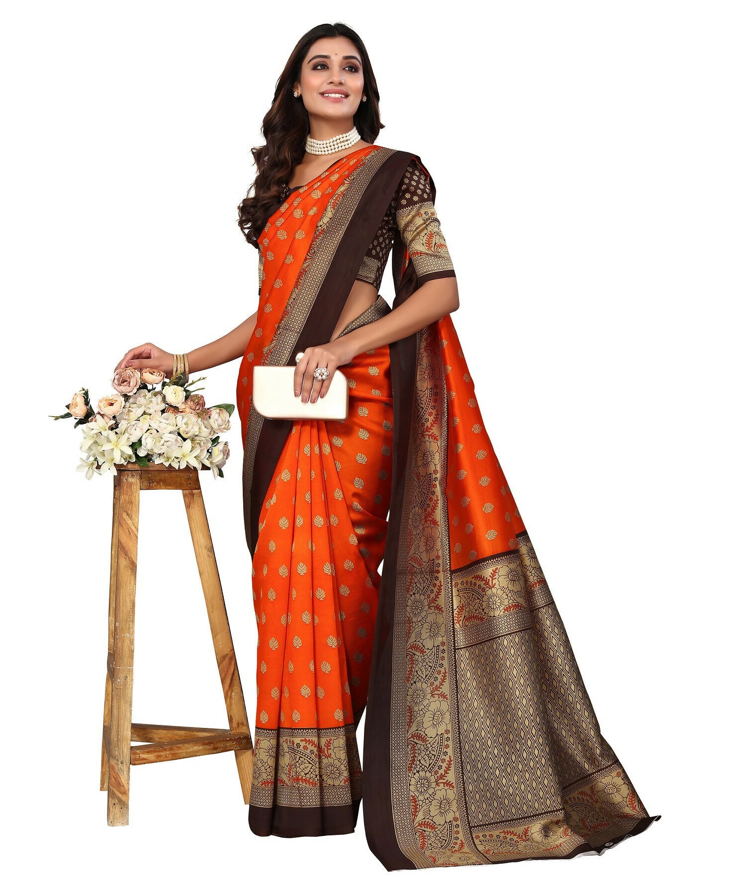 Vamika Orange Printed Art Silk Saree - Distacart