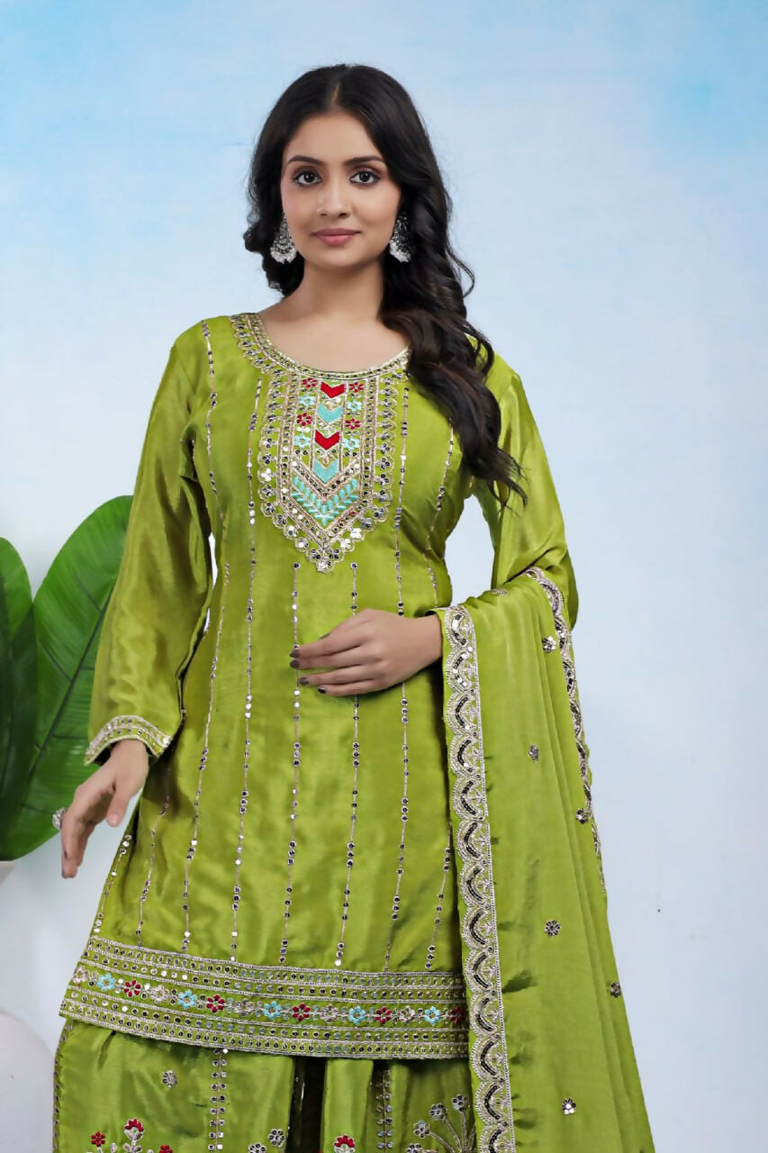 Joban Fashion Green Silk Embroidered Sharara Set - Distacart