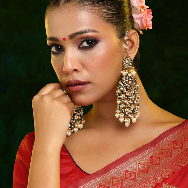 Ruby Raang 22k Gold Polished Kundan Chand Earrings With Ear Chains