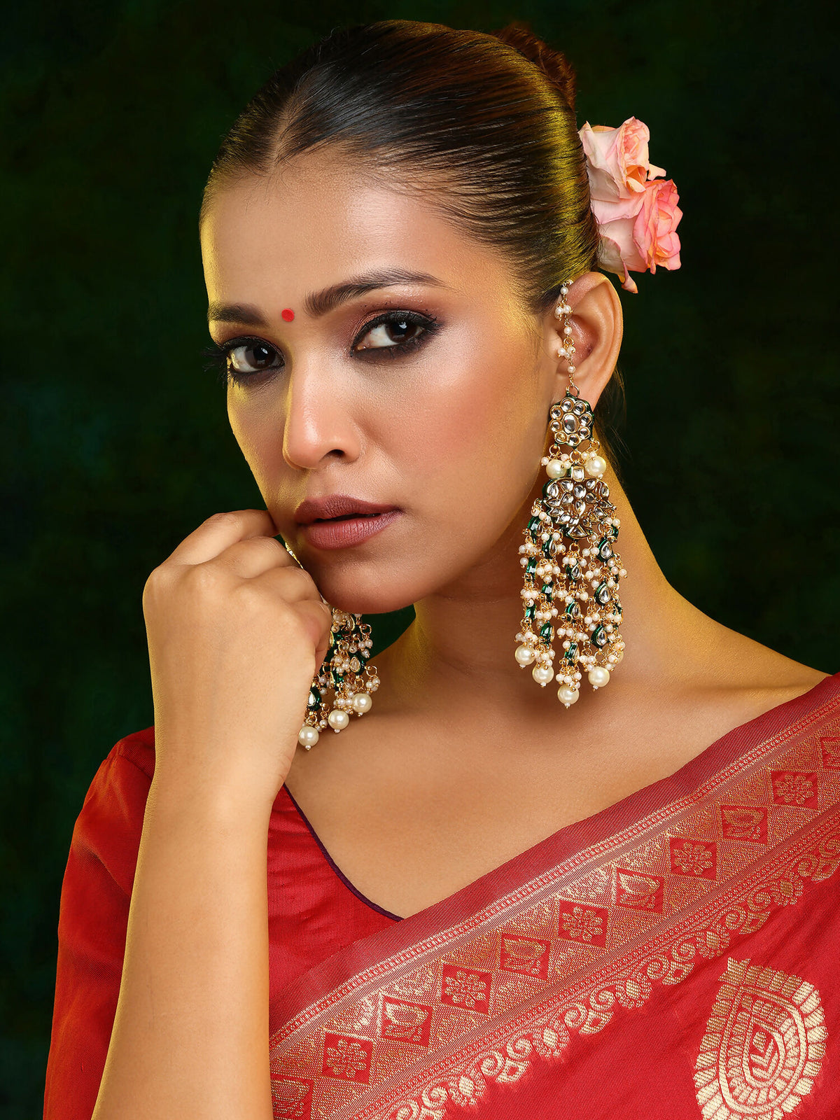 Ruby Raang 22k Gold Polished Kundan Chand Earrings With Ear Chains