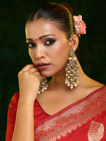 Thumbnail for Ruby Raang 22k Gold Polished Kundan Chand Earrings With Ear Chains