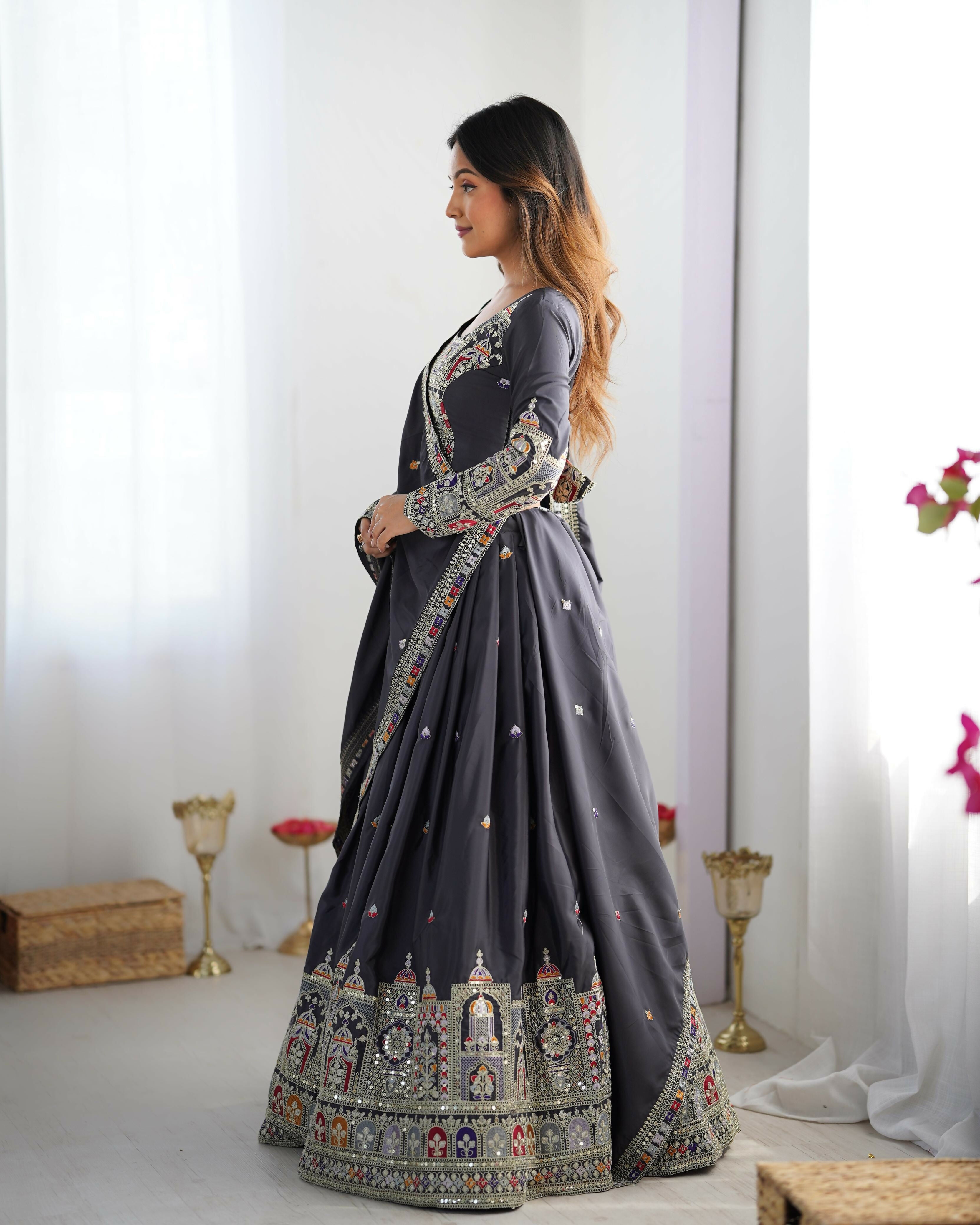 Joban Fashion Dark Grey Lehenga Crepe silk Coding Dori with Sequence with Rivet Moti