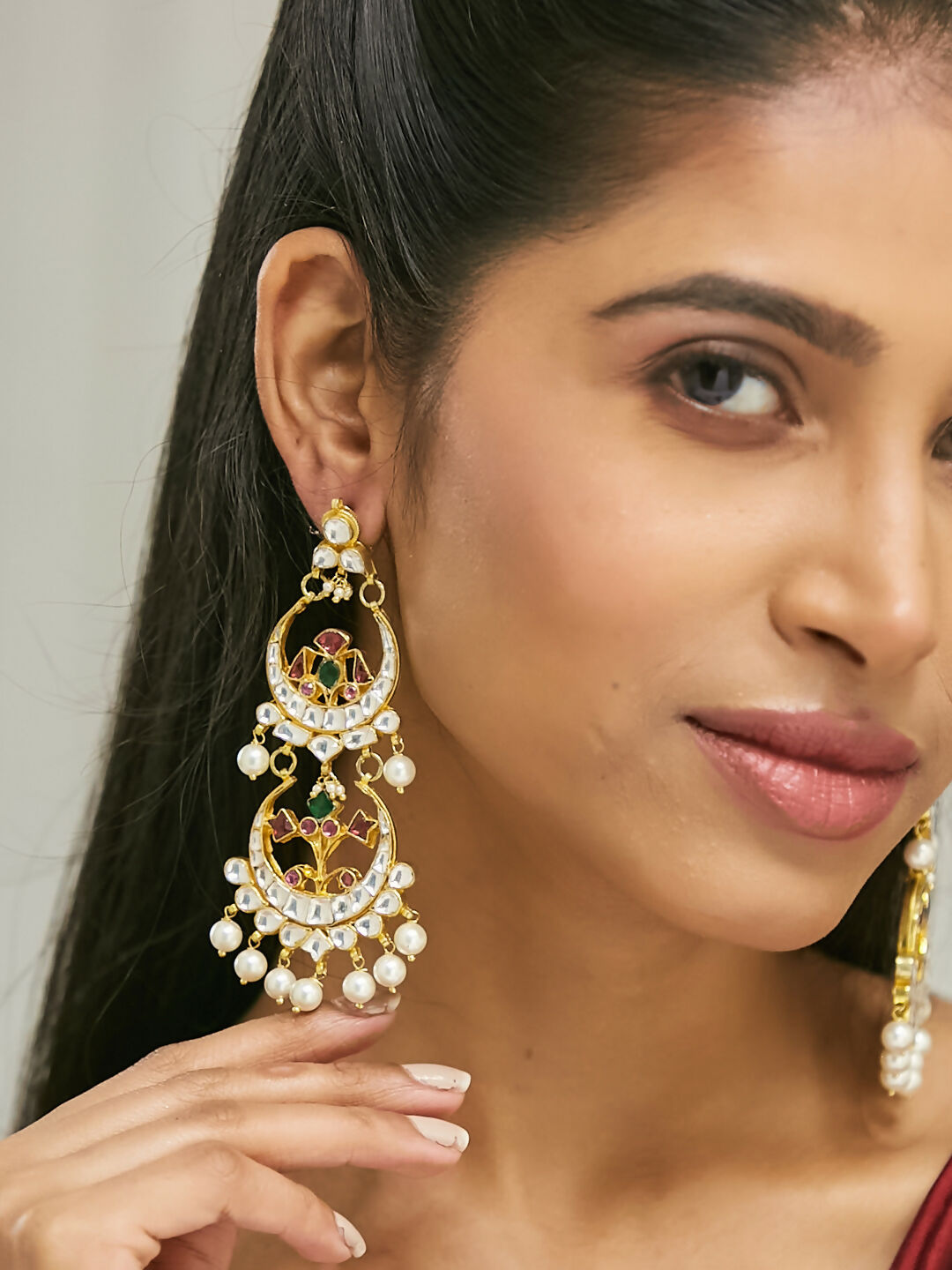 Nuyug 22K Gold-Plated Kundan Studded & Pearl Beaded Layered Chandbalis