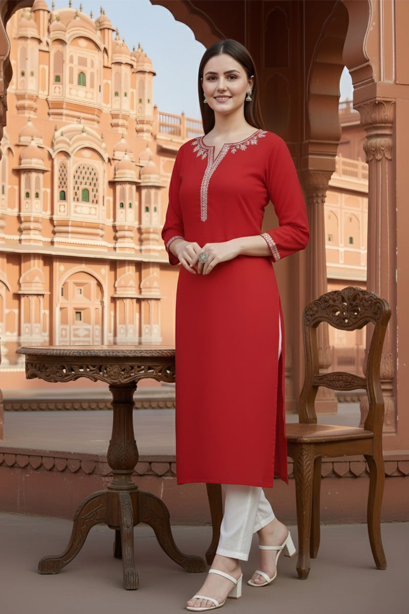 SRS Fashion Red Embroidered Rayon Straight Kurta Set - Dista