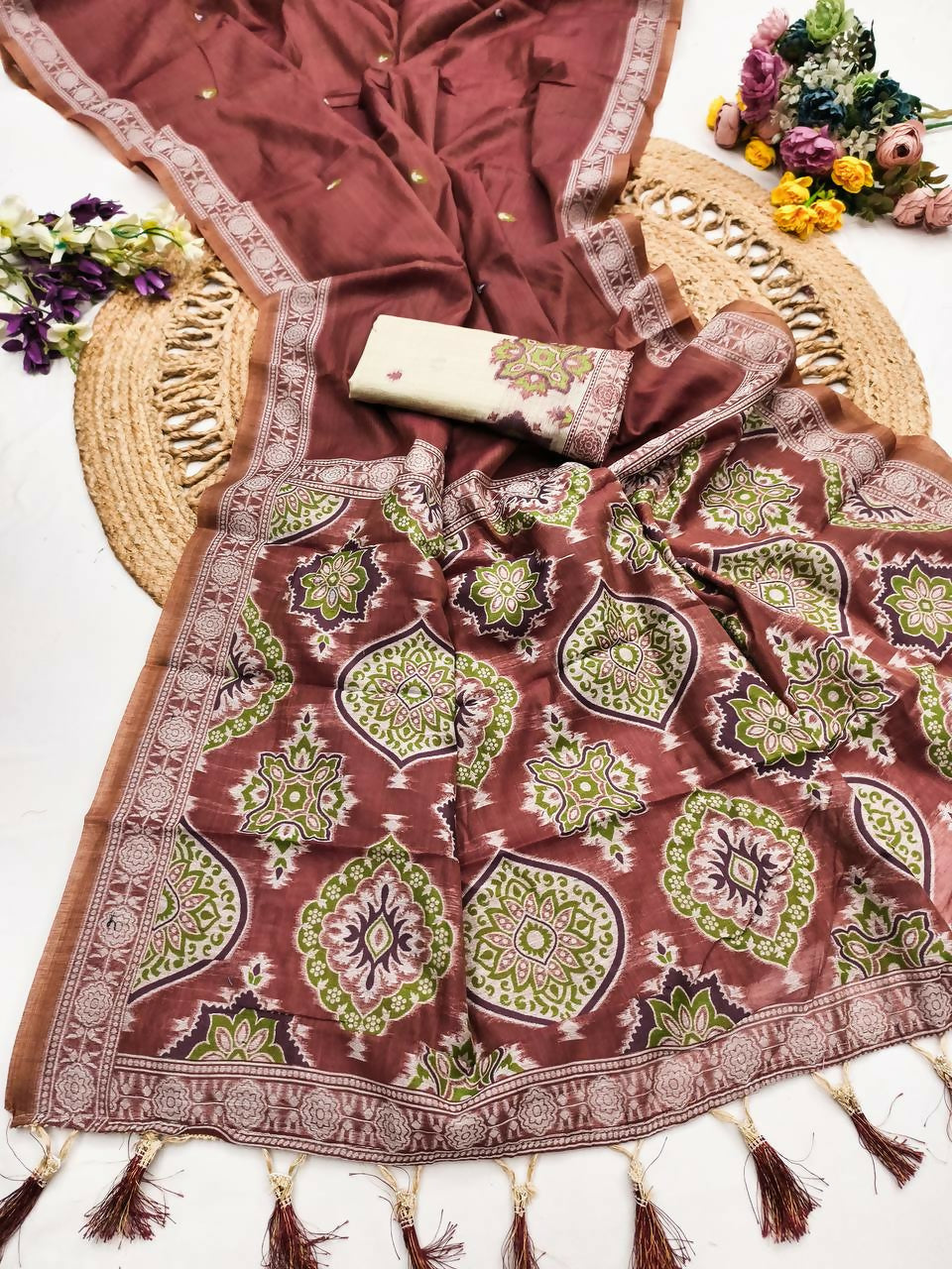 Vastranavya Maroon Muga Cotton Meenakari & Azarakh Pallu Saree with Contrast Blouse - Distacart