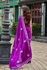 Thumbnail for Vastranavya Purple Embroidery Work Shimmer Chiffon Saree with Unstitched Blouse
