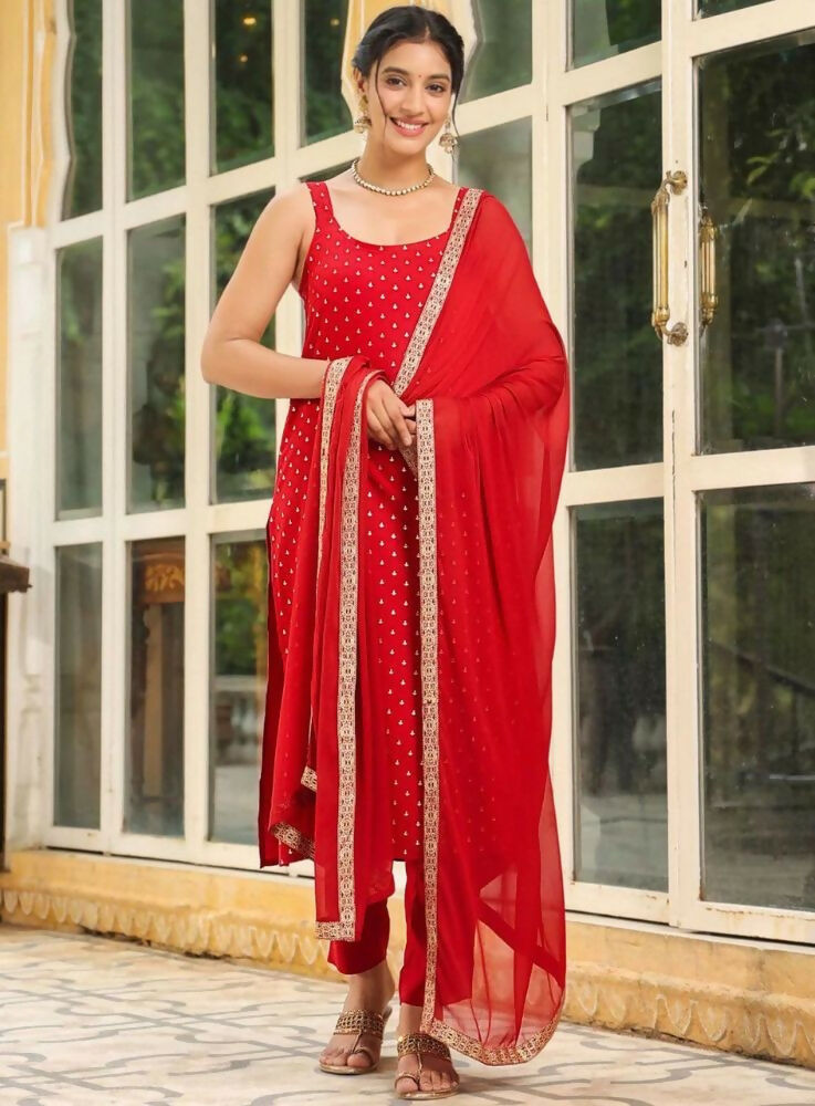 Teeya Creation Womens New Elegant Red Embroidered Kurti with Matching Bottom Set - Dista