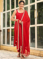 Thumbnail for Teeya Creation Womens New Elegant Red Embroidered Kurti with Matching Bottom Set - Dista