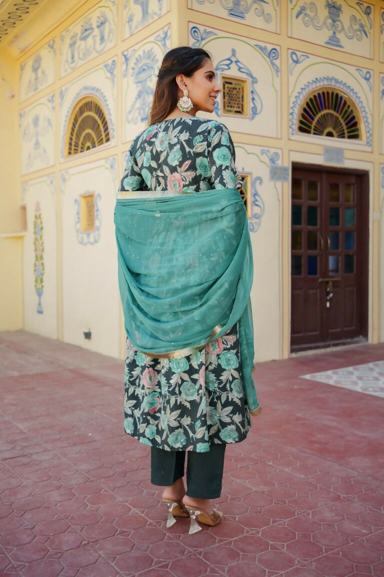 Vaasva Women Teal Muslin Embroidered Kurta, Pant & Dupatta Set - Distacart