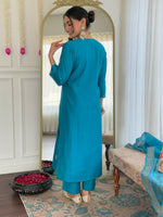 Thumbnail for The52 Blue Women's Gorgeous Viscose Fabric Embroidered Work Straight Kurta, Pant and Dupatta Set - Distacart