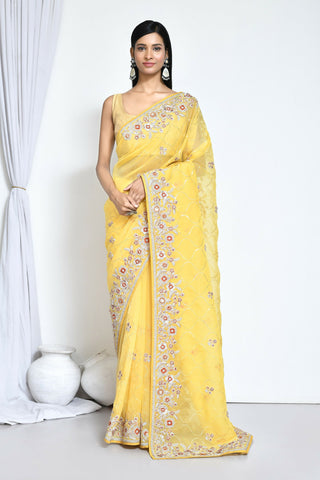 Yellow Organza Satin Silk Sequence Embroidered with Stone work Saree - Nimaya Benzy - Distacart
