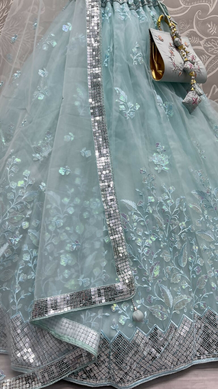 Jyoti Fashion Women's Sky Blue Bridal Net Fancy Sequins with Multi Thread Embroidered Wedding Lehenga Choli - Distacart