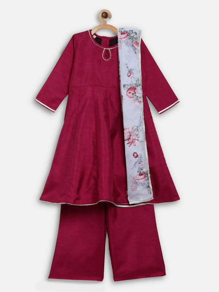Ahalyaa Wine Poly Silk Curved Kids Kurta Palazzo Set With Bottom For Girls - Distacart
