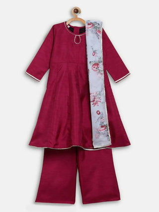 Ahalyaa Wine Poly Silk Curved Kids Kurta Palazzo Set With Bottom For Girls - Distacart