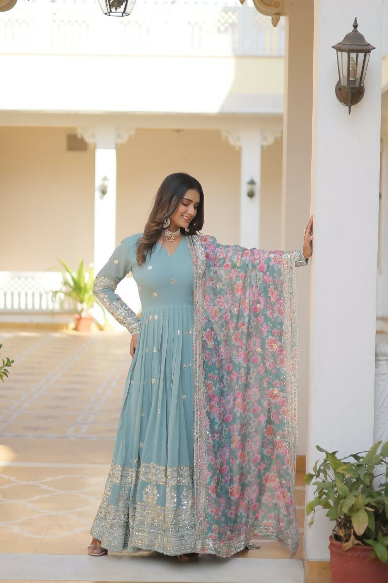 Jyoti Fashion Women's Sky Blue Faux Georgette Sequins Zari Embroideredy Anarkali Dress with Dupatta - Distacart