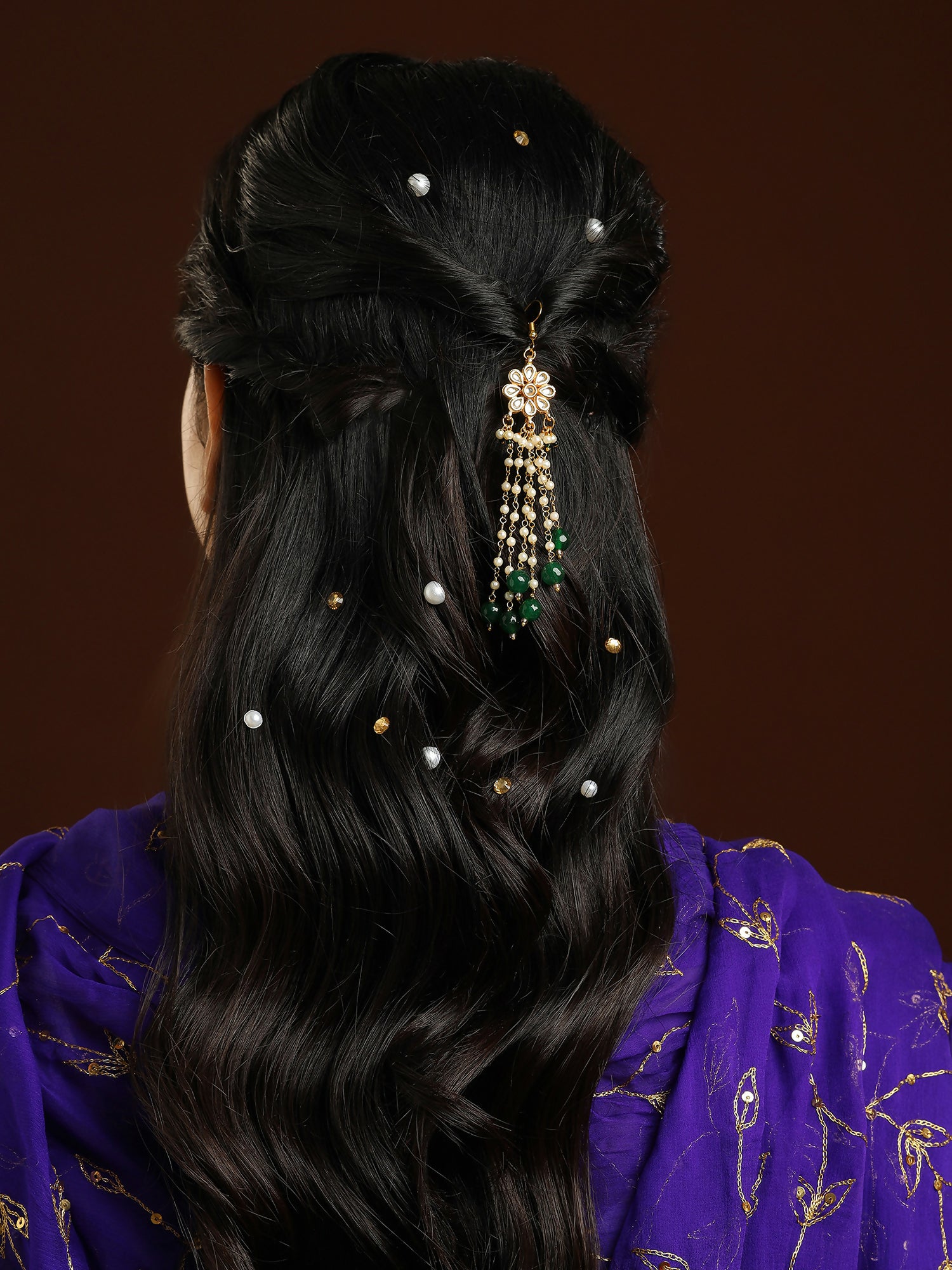 Ruby Raang Gold Flower Kundan & Green Stone Hair Jewelry