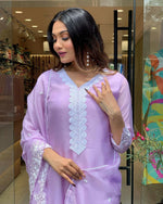 Thumbnail for The52 Lavender Women's Gorgeous Embroidered Georgette Fabric Straight Kurta Pant with Dupatta Set - Distacart