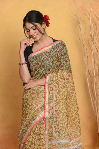 Very Much Indian Pure Kota Cotton Handblock Printed Saree - Yellow - Distacart