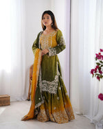 Thumbnail for The52 Women's Beautiful Chinon silk Fabric Embroidery Work Straight Kurta Palazzo and Dupatta Set - Distacart