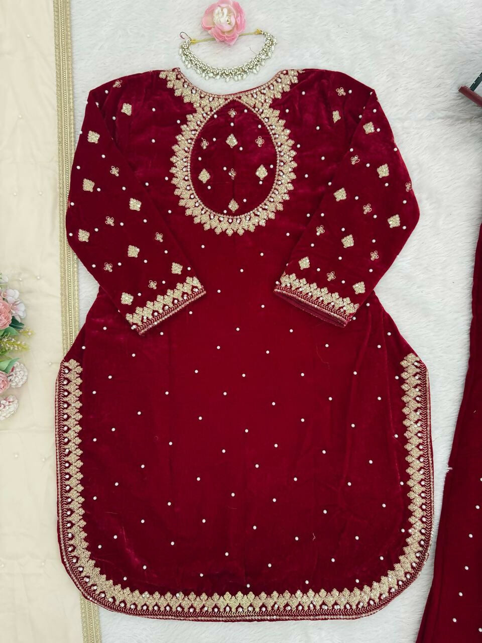 Vastranavya Maroon Viscose Velvet Intricate Thread & Sequence With Pearl Work Top Palazzo With Dupatta