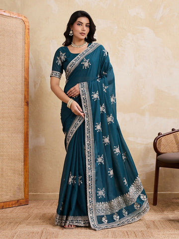 Teeya Creation Womens New Latest Party Wear Soft Georgette Saree-Teal - Dista