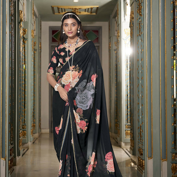 Vastranavya Black Spectacular Georgette Printed with Pearl Lace Saree with Unstitched Blouse - Distacart