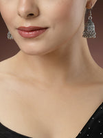 Thumbnail for NVR Women's Silver-Toned German Silver Oxidised Dome Shaped Jhumka Earrings - Distacart