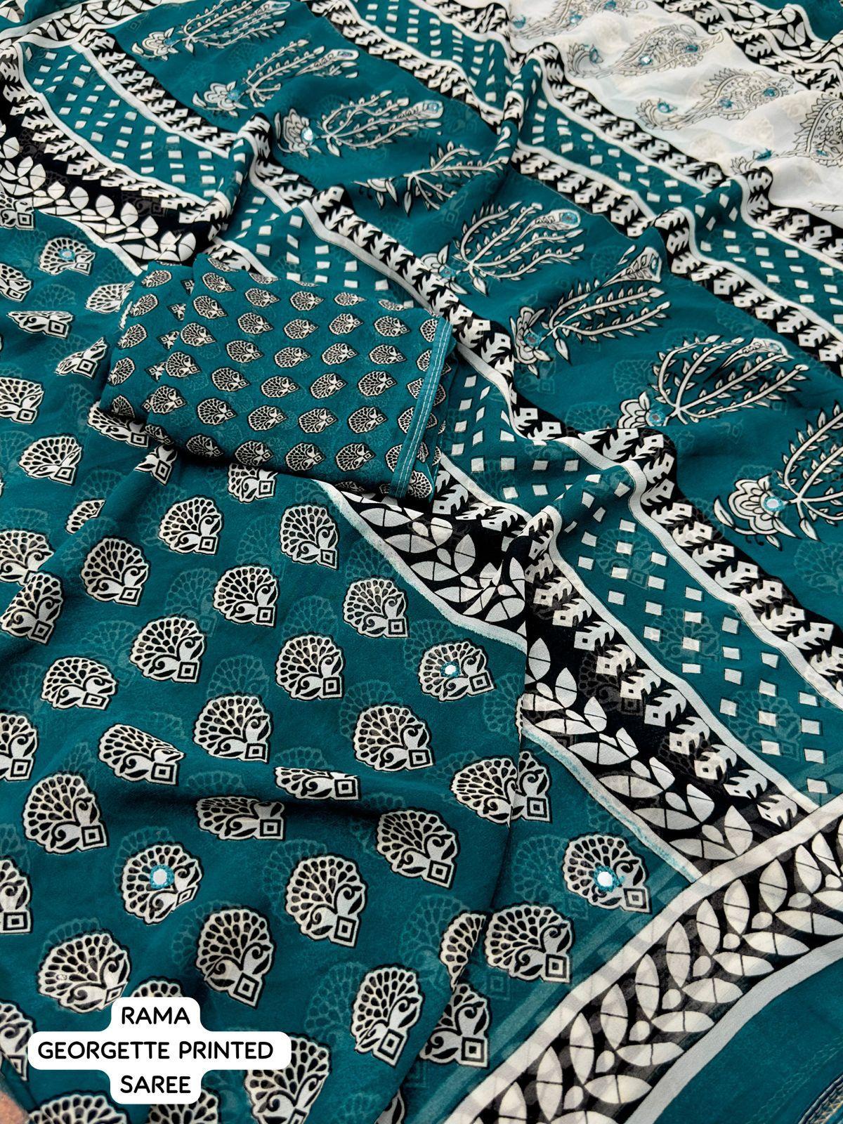 Rama Poly Georgette Ajrak Saree with Unstitched Blouse - Hiral Fashion - Distacart